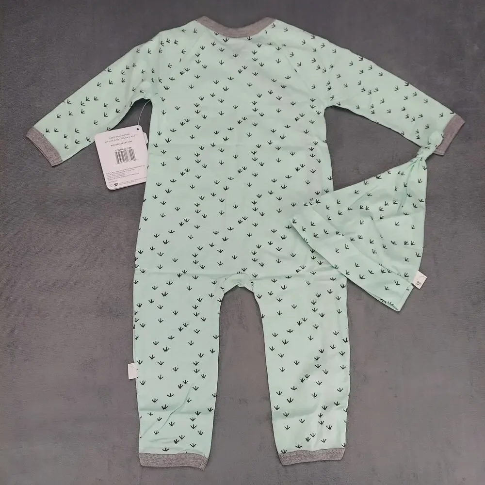Burt's Bees One Piece Organic Cotton Romper With Hat Set Teal & Gray Size 6-9M
